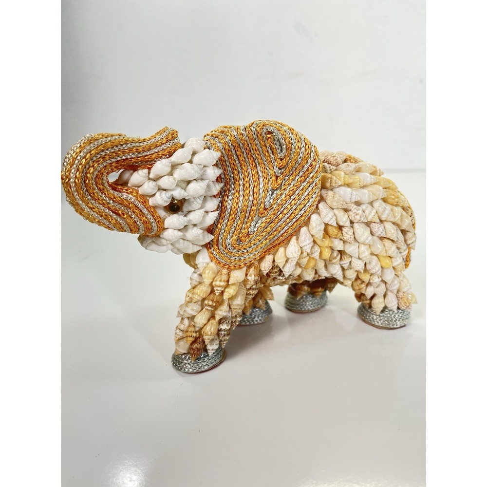 Mid-Century Boho Coastal Chic  Seashell‎ & Yarn Handmade Elephant Figurine Luck